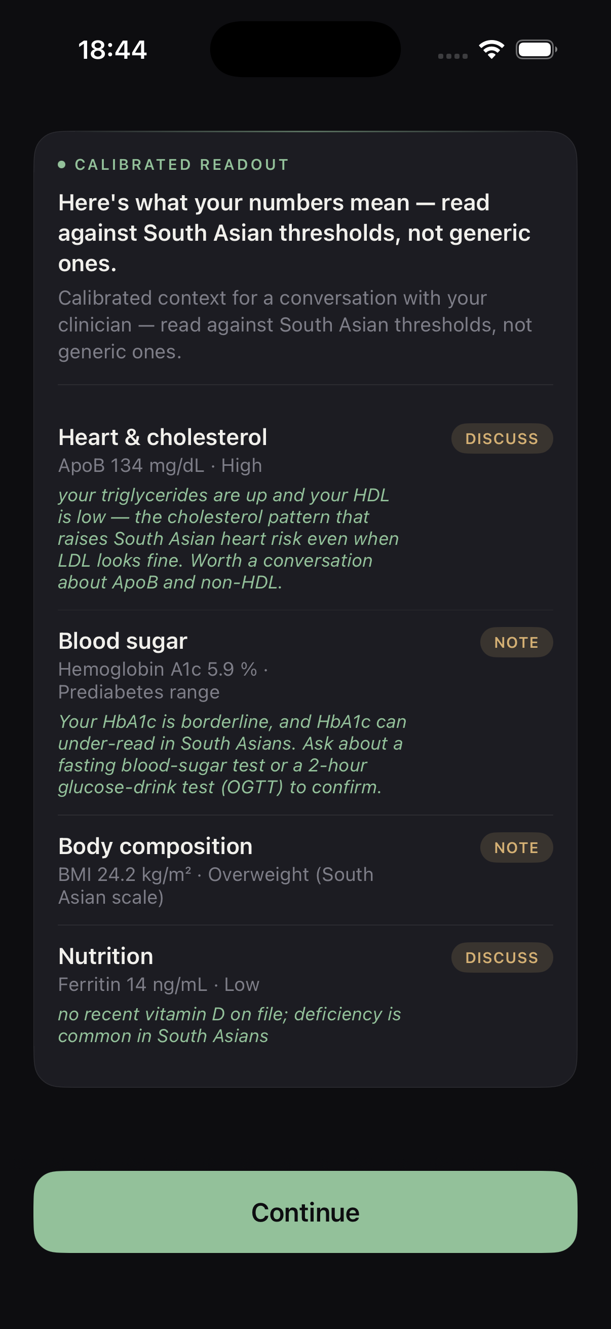 Masala Health calibrated readout screen showing an LDL-C of 125 mg/dL flagged Watch against the South Asian calibrated target of under 100 mg/dL, alongside a blood sugar reading calibrated against South Asian BMI thresholds