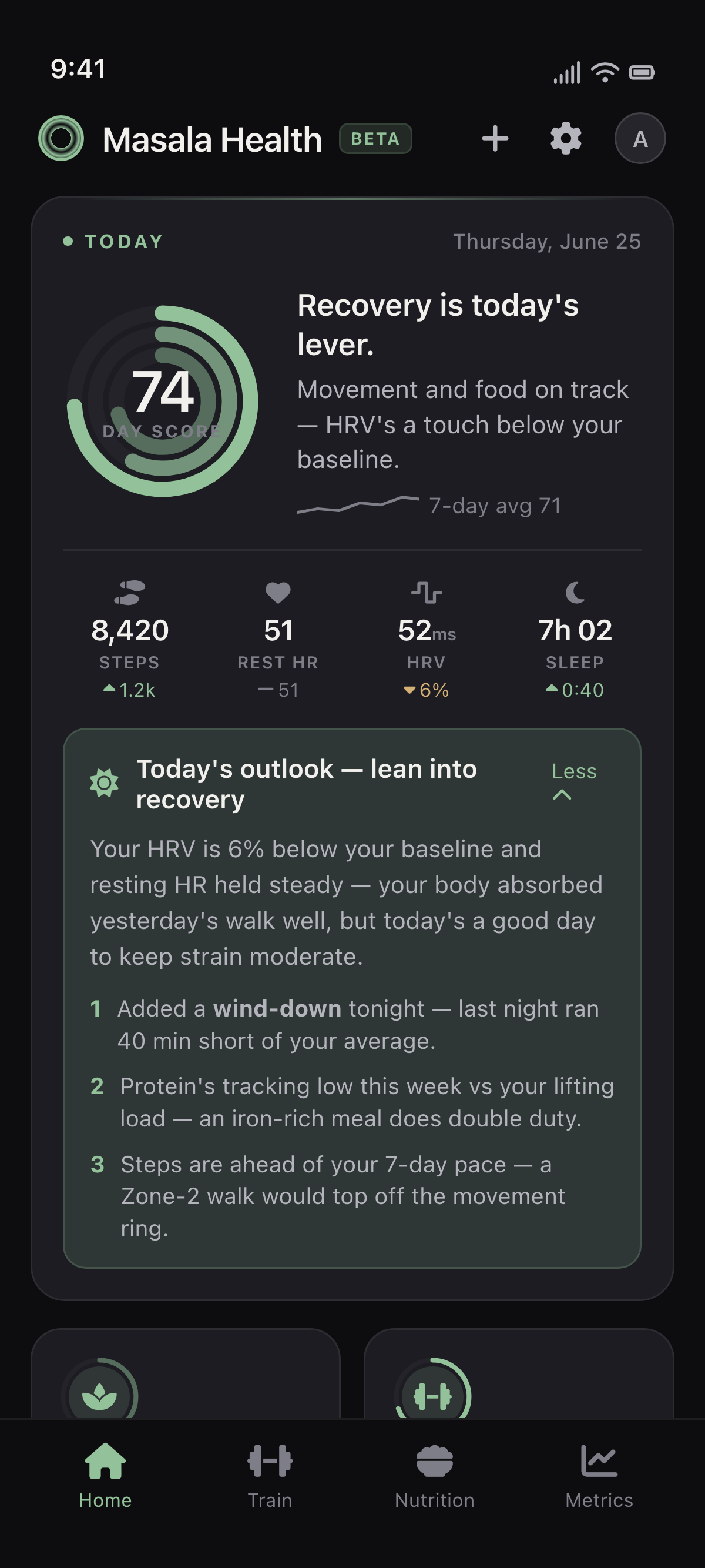 Masala Health Home screen showing a daily Day Score ring, an Apple Health vitals strip — steps, resting heart rate, HRV, and sleep — a Today's outlook coaching insight, and the day's plan checklist