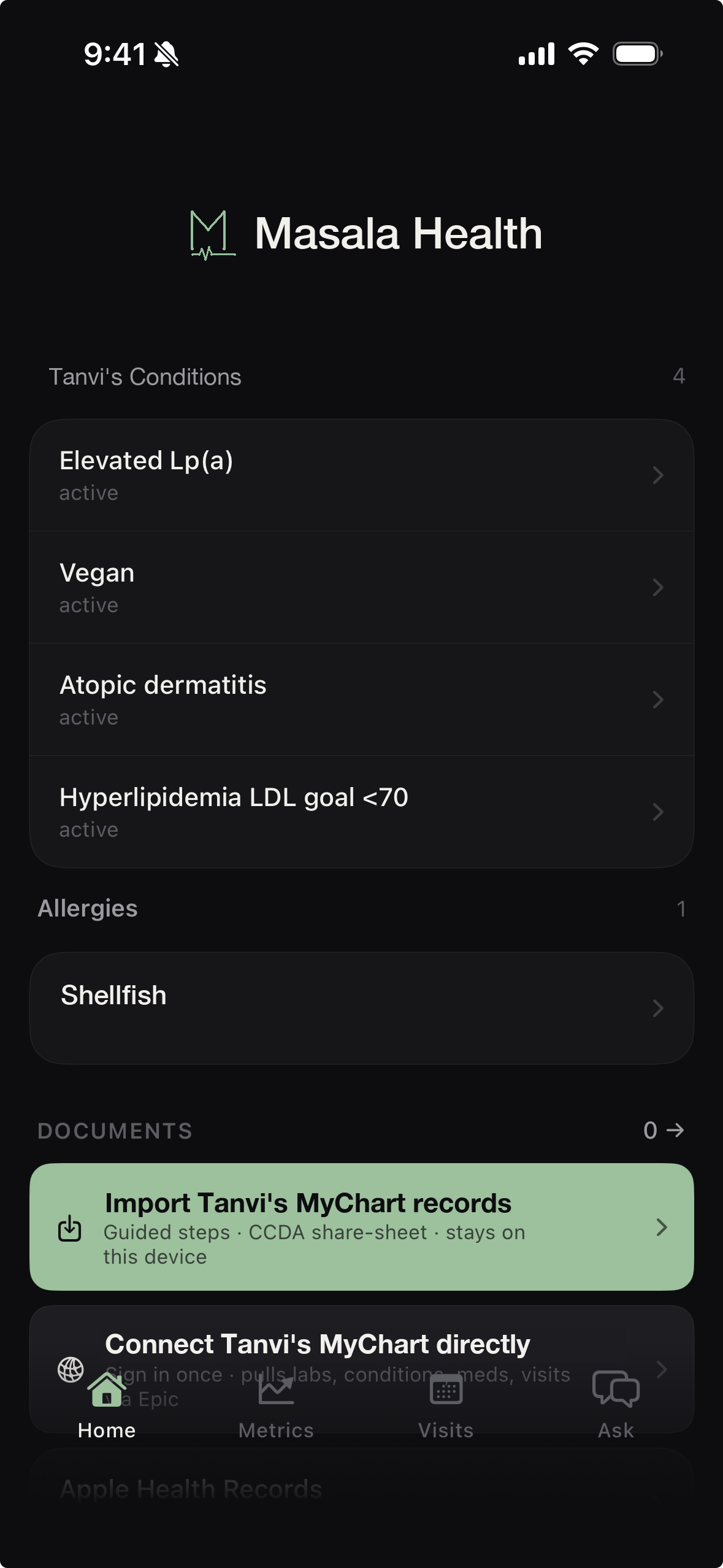 Masala Health Home screen showing conditions, allergies, and MyChart record import for a profile