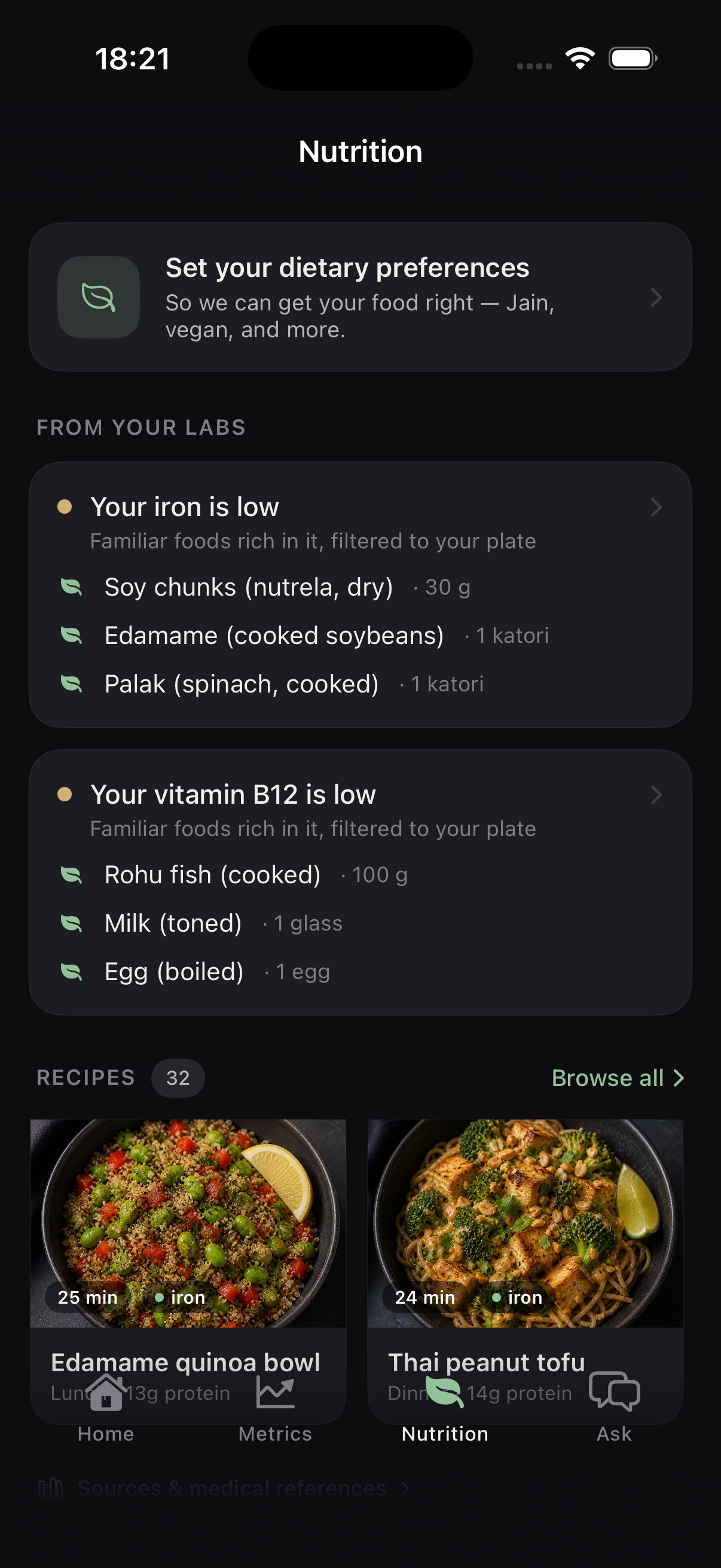 Masala Health Nutrition screen showing iron-rich and B12-rich meal suggestions — soy chunks, edamame, Rohu fish — filtered from your lab findings