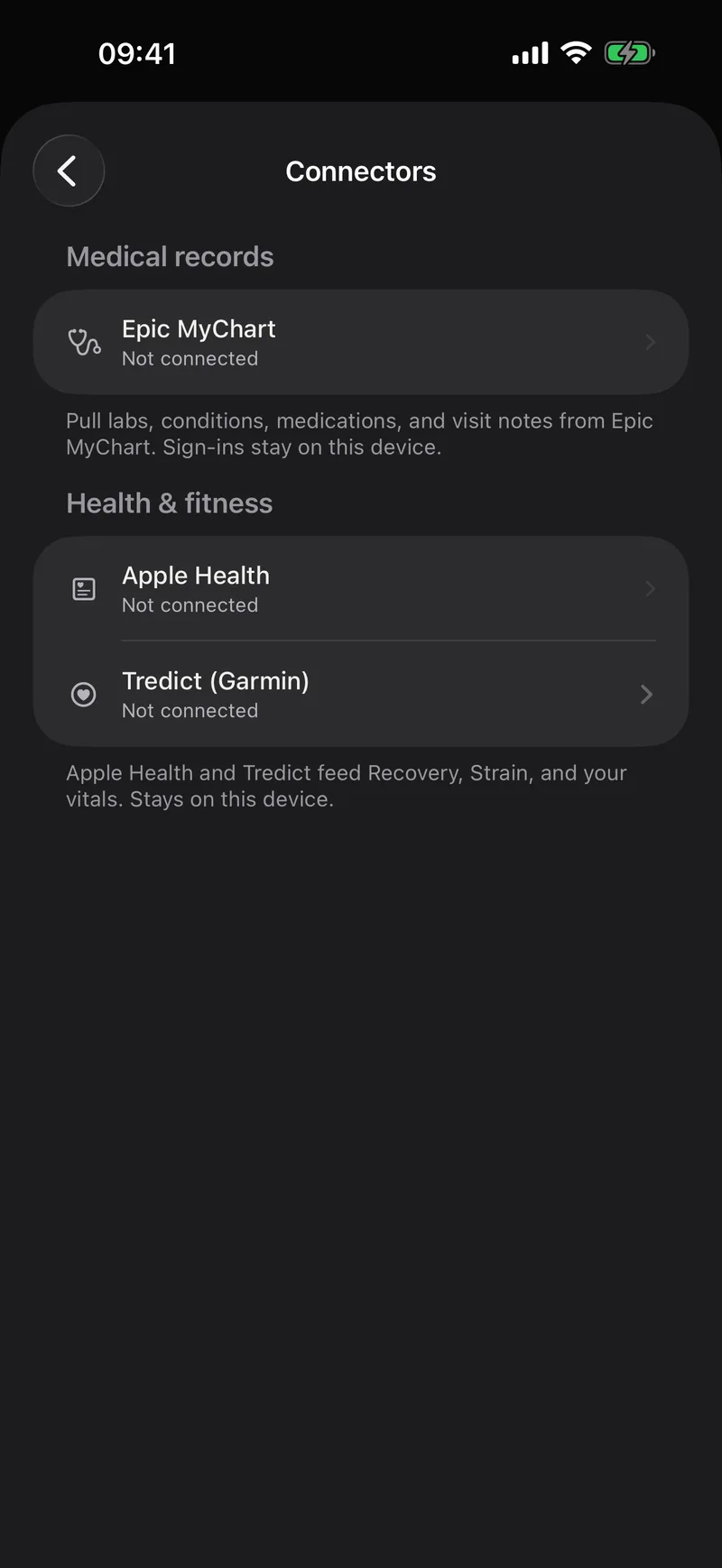 Connectors screen showing Epic MyChart and Apple Health rows, both not yet connected, with on-device disclosure text