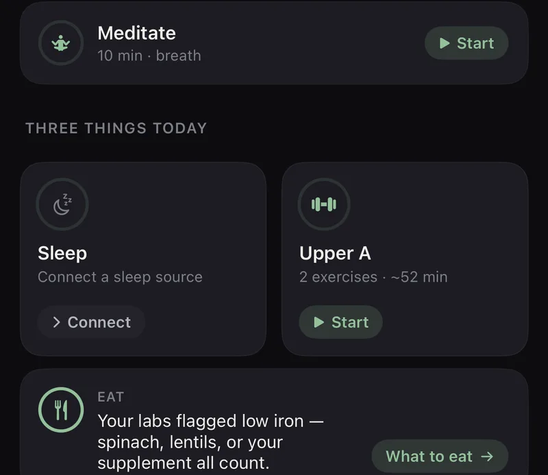 Three things today: a Meditate card, Sleep and workout cards, and an Eat card flagging low iron with food suggestions