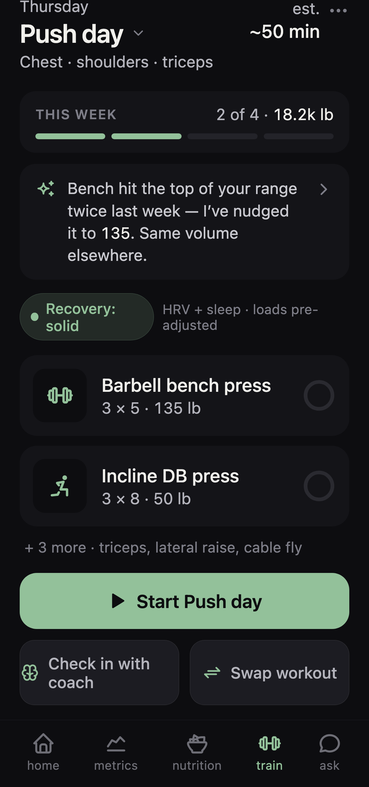 Masala Health Train tab showing today's Push day workout — a weekly volume goal, a coach note that bumped bench press to 135 lb, a recovery-solid readiness chip, and the exercise list with Start, Check in with coach, and Swap workout actions
