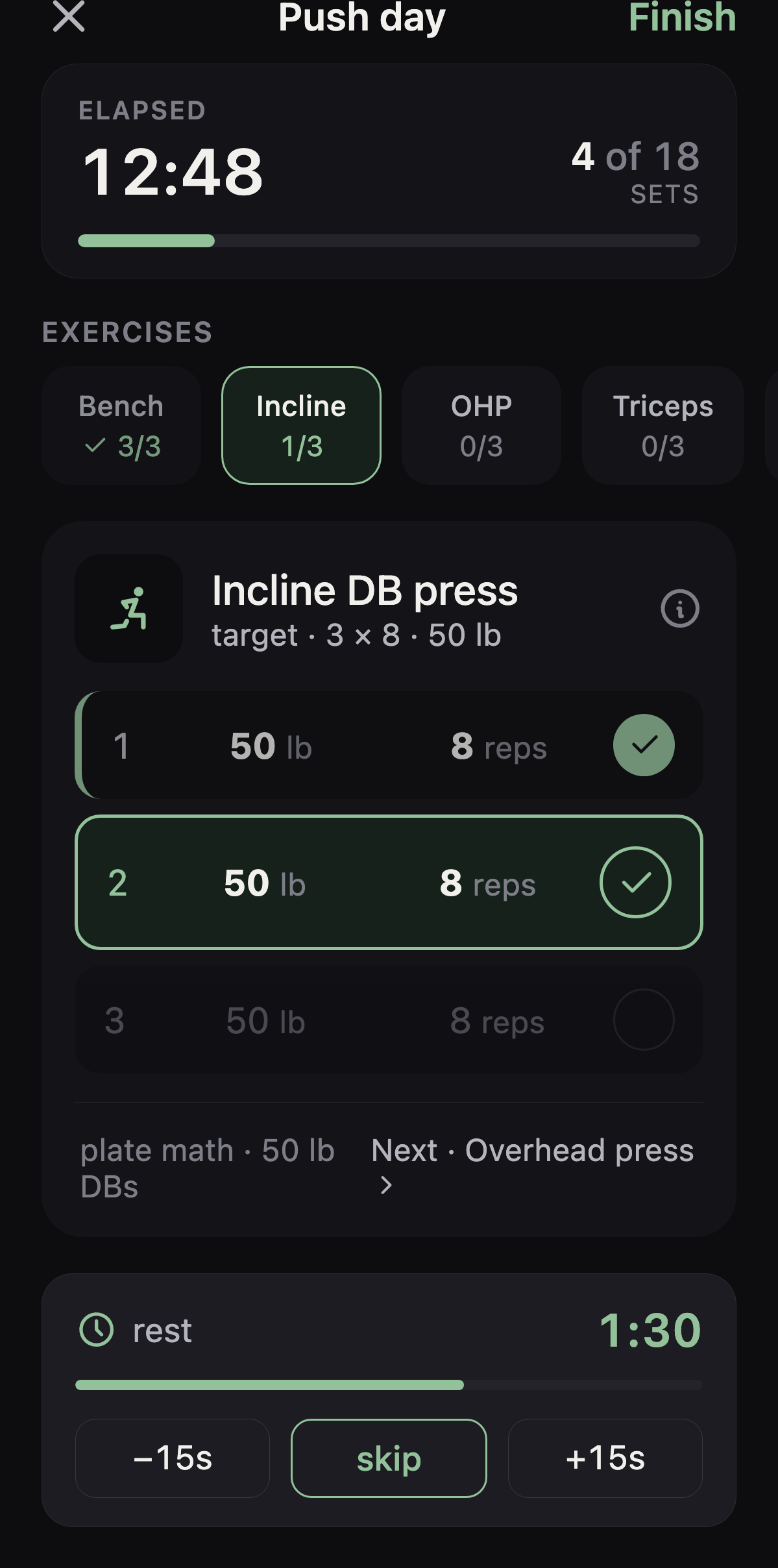 Masala Health active workout session showing a live elapsed timer, set progress, an exercise rail, the current Incline DB press sets being logged, and a rest timer